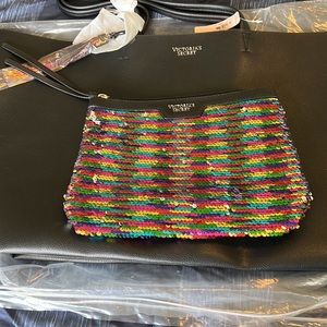 VICTORIA’S SECRET large tote sequin cosmetic bag set tassel